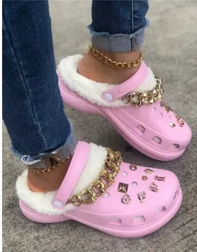 1360 Women Thick Sole Plush Slippers Gold Chain Rivets crocs