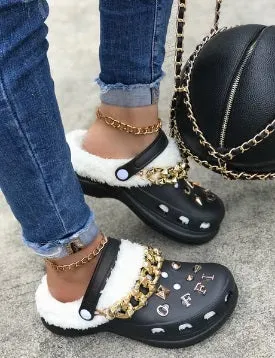 1360 Women Thick Sole Plush Slippers Gold Chain Rivets crocs