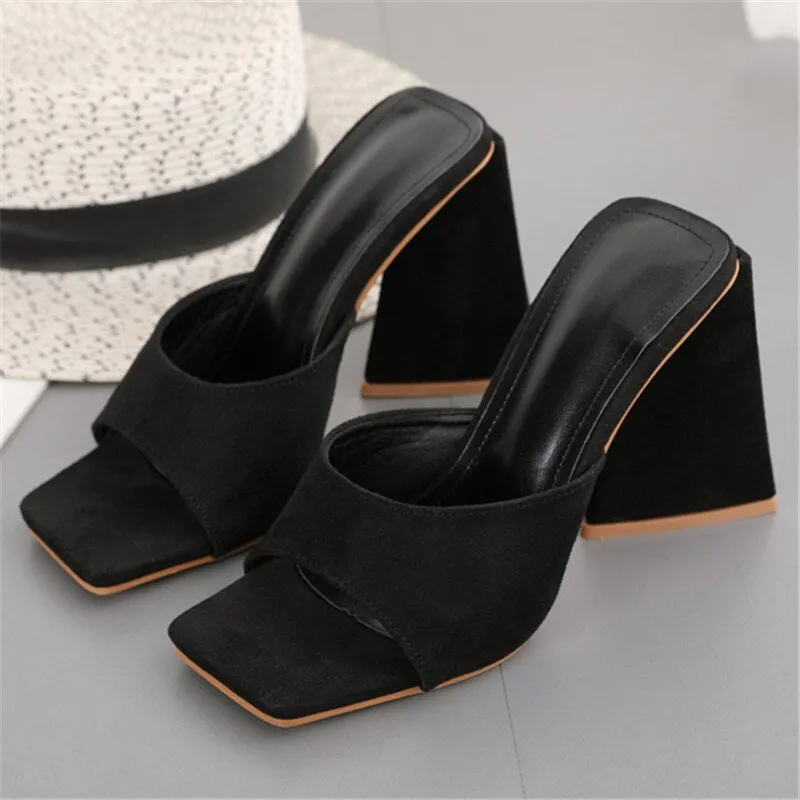 2023 Women Designer 11cm High Heels Slides Mules Summer Thick Block Heels Sandals Slingback Flock Slippers Luxury Chunky Shoes