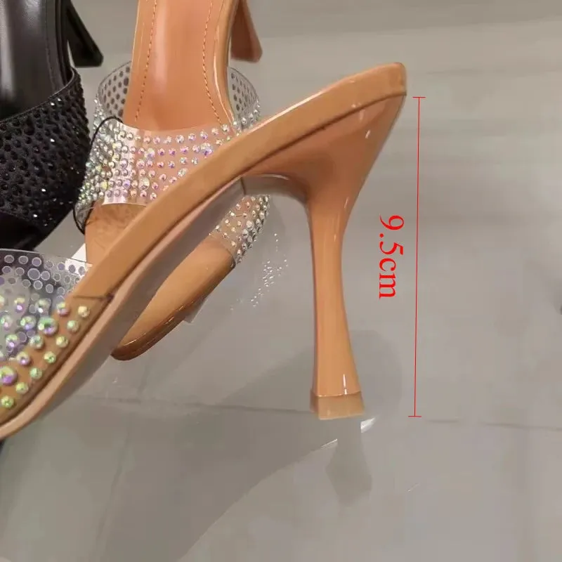 ADVBRIDGE  -  Summer Ladies Sandals Pointed Open Toe High Heels Party Stilettos PVC Transparent Luxury Shining Diamond Woman Mules Shoes