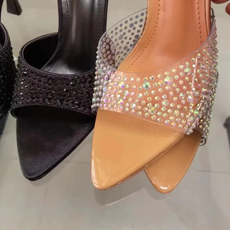 ADVBRIDGE  -  Summer Ladies Sandals Pointed Open Toe High Heels Party Stilettos PVC Transparent Luxury Shining Diamond Woman Mules Shoes