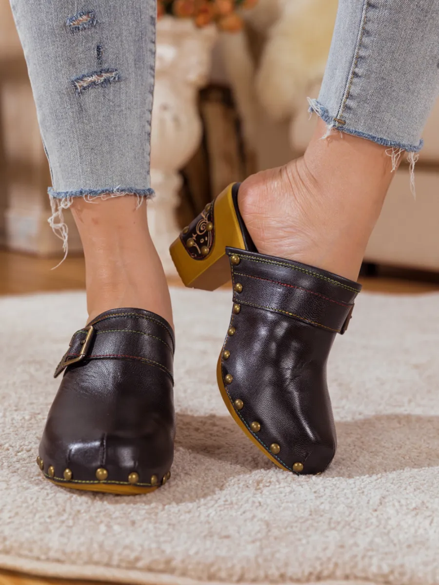 Black Leather Block Heel Clog