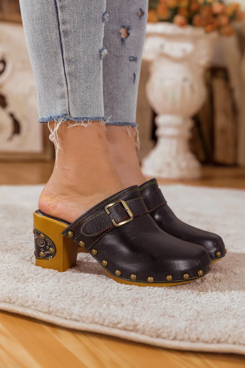 Black Leather Block Heel Clog