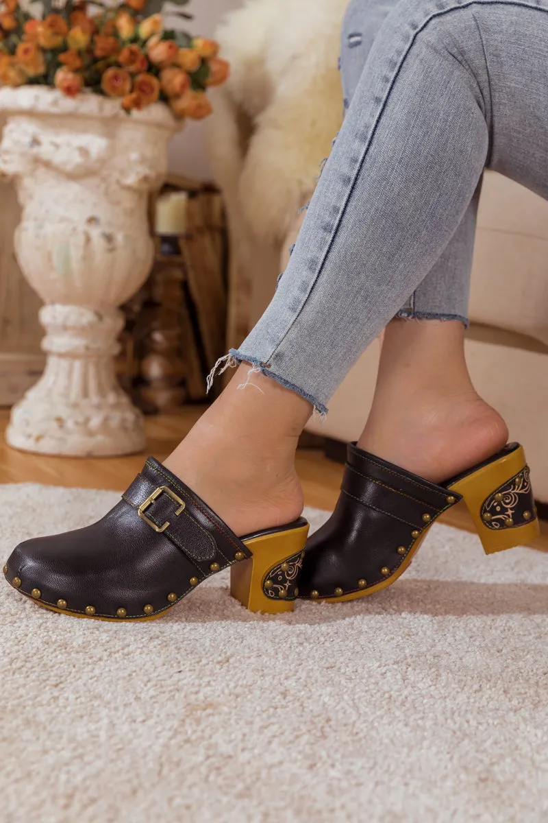 Black Leather Block Heel Clog