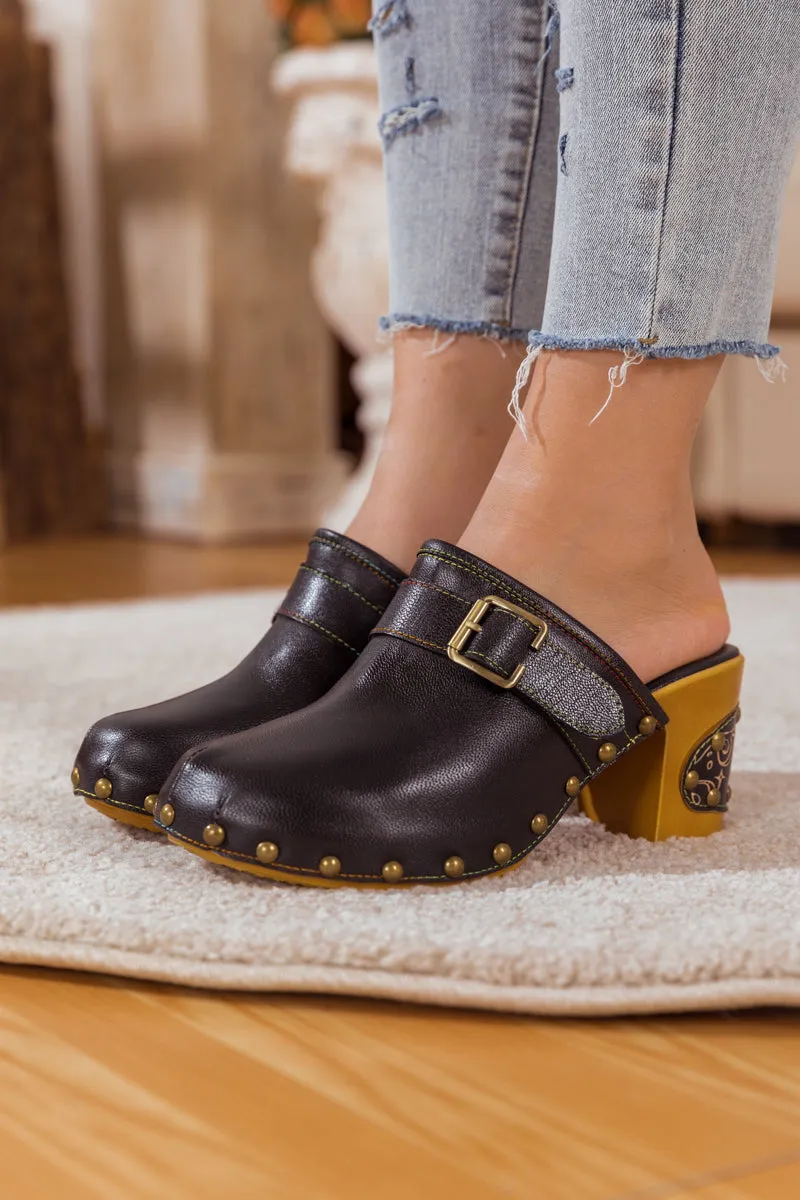 Black Leather Block Heel Clog