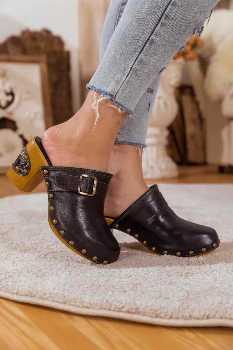 Black Leather Block Heel Clog