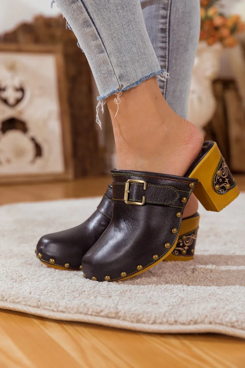 Black Leather Block Heel Clog