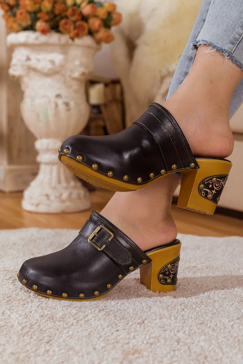 Black Leather Block Heel Clog