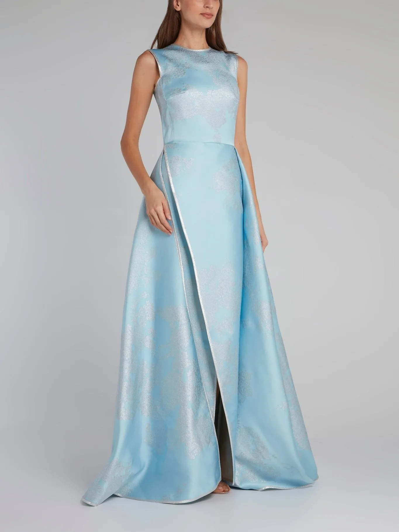 Blue Floral Flared Slit Gown