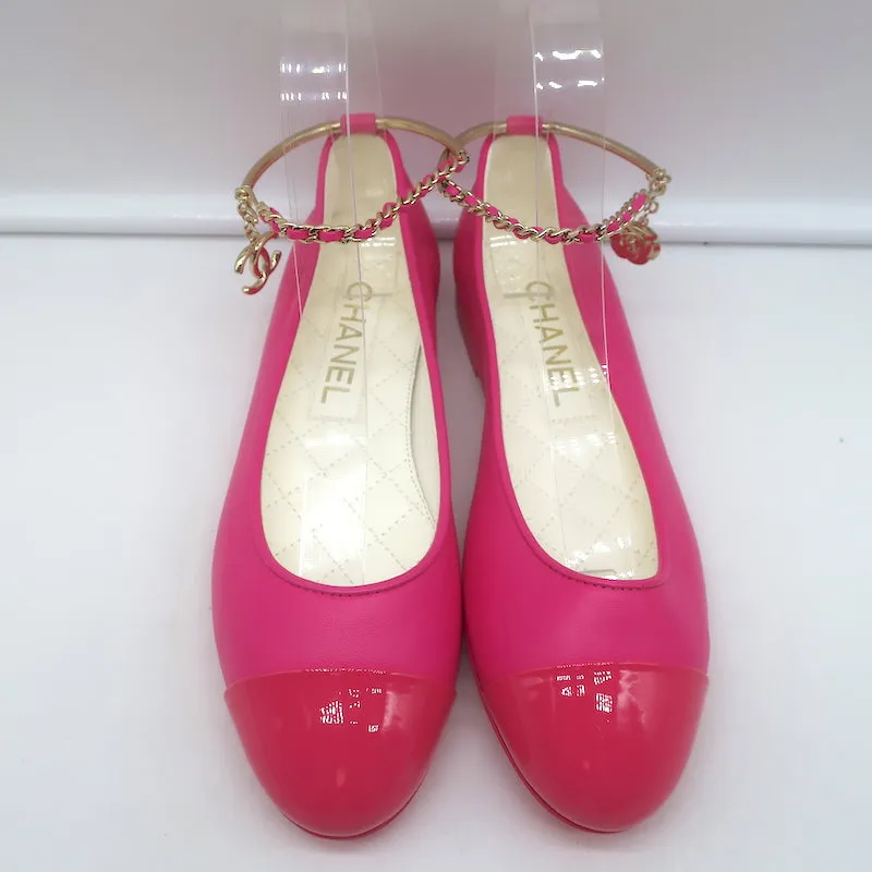 Chanel CC Ankle Chain Cap Toe Ballet Flats Hot Pink Leather Size 36 NEW