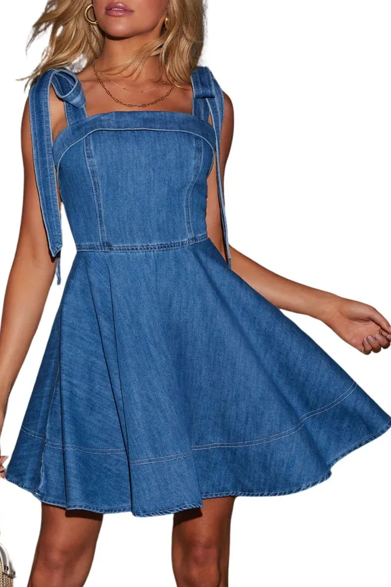 Chouyatou Women’s Summer Tie Shoulder Sleeveless Denim Mini Dress Ruffle A Line Swing Short Denim Dress