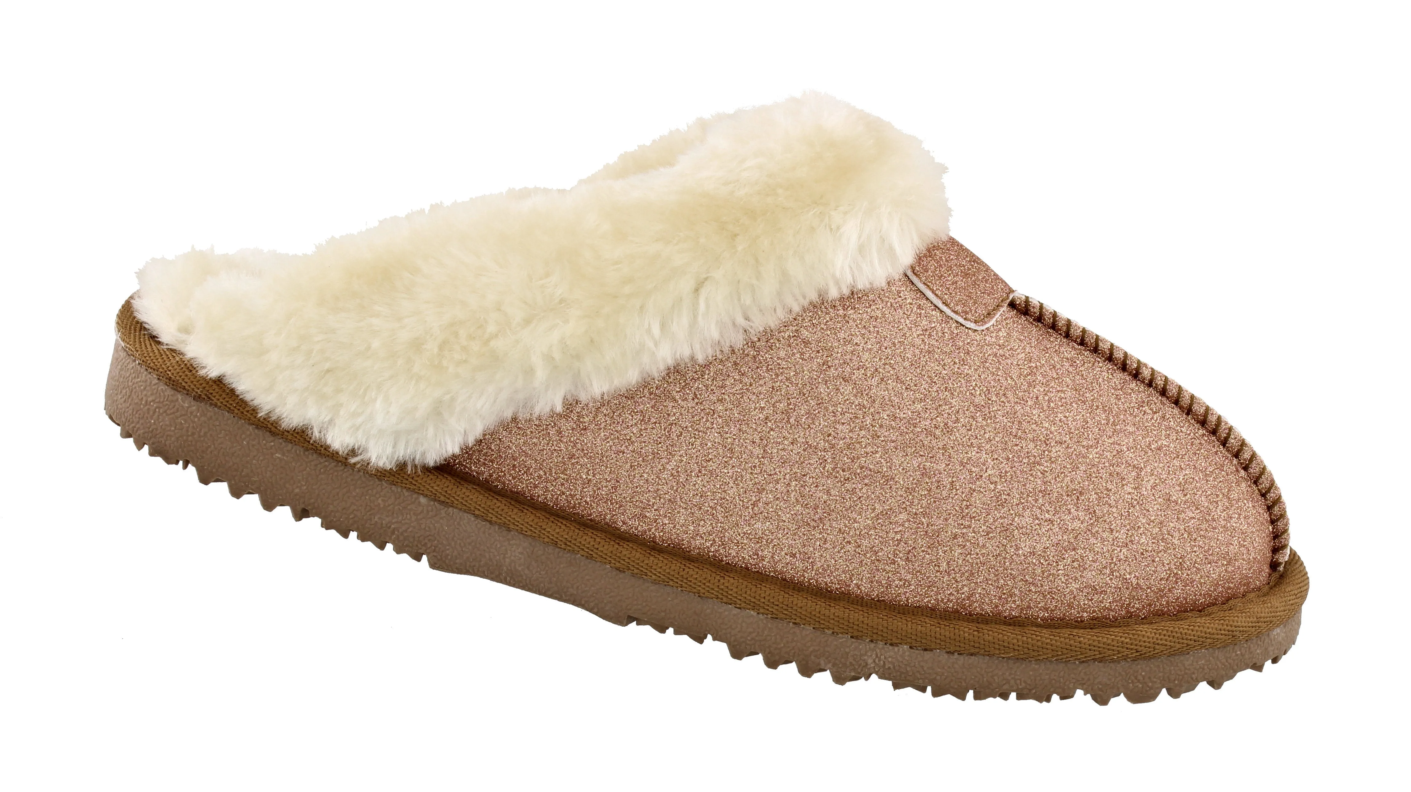 Ella Sparkle Glitter Warm Faux Fur Lined Memory Foam Mules Slippers In Rose