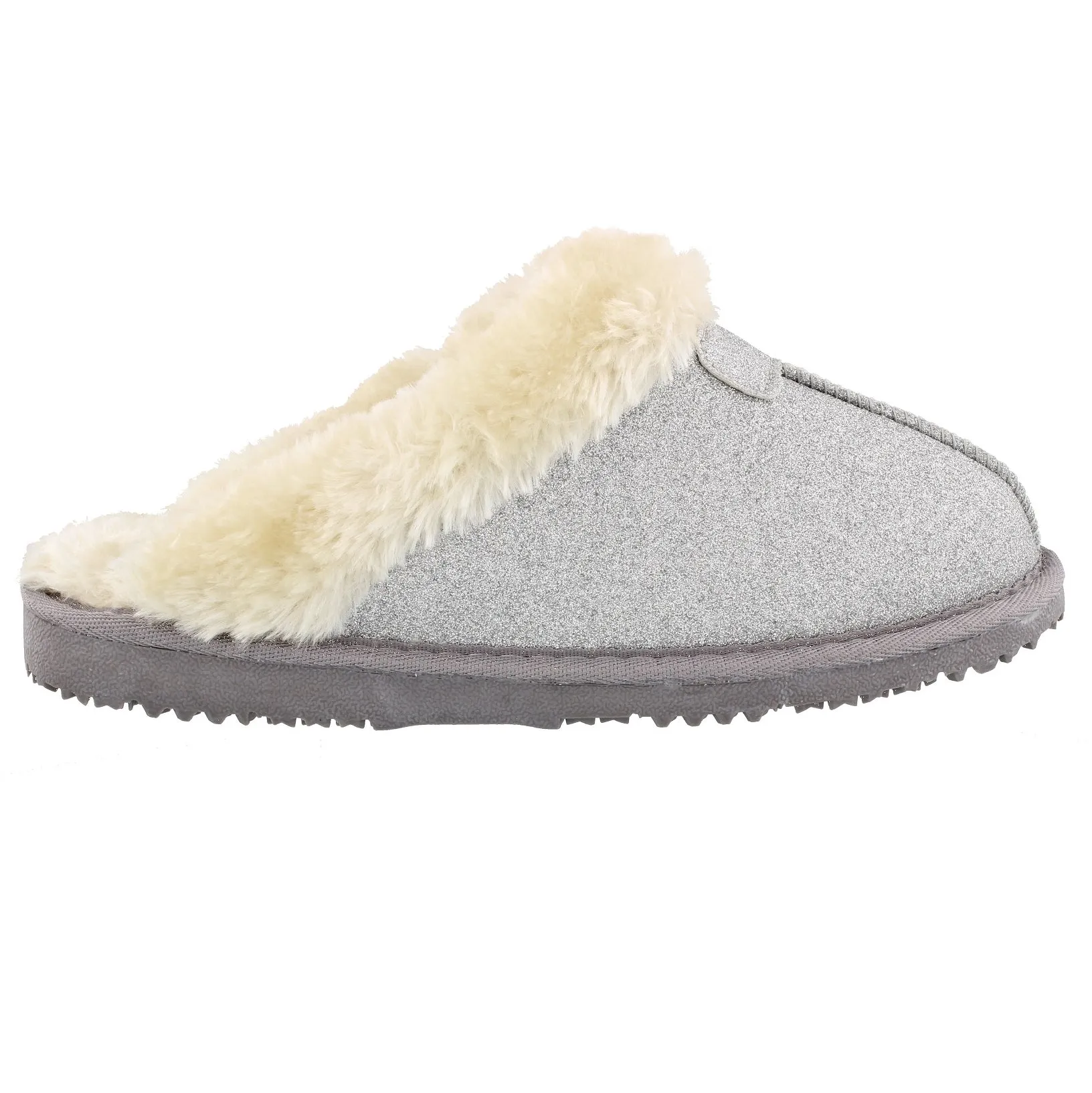 Ella Sparkle Glitter Warm Faux Fur Lined Memory Foam Mules Slippers In Silver