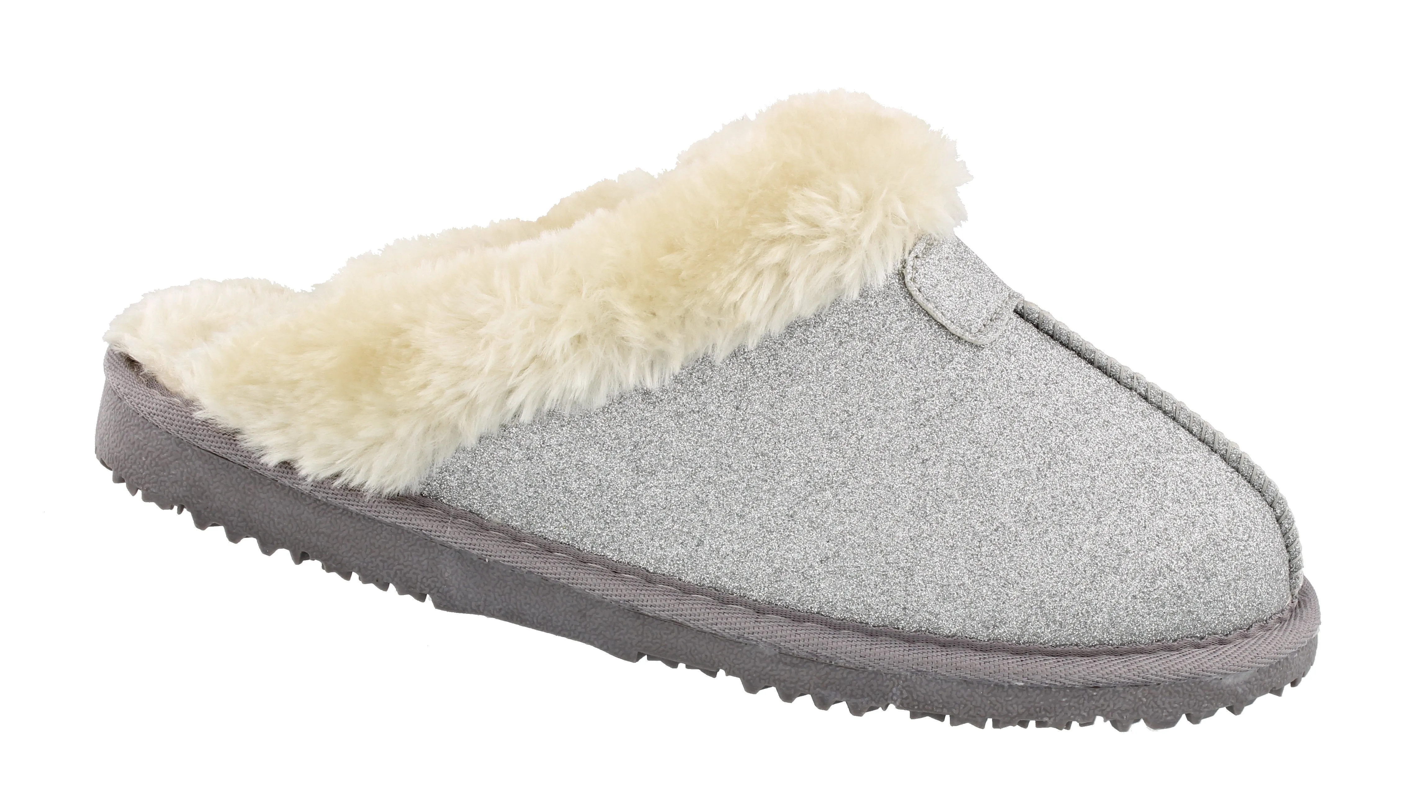 Ella Sparkle Glitter Warm Faux Fur Lined Memory Foam Mules Slippers In Silver