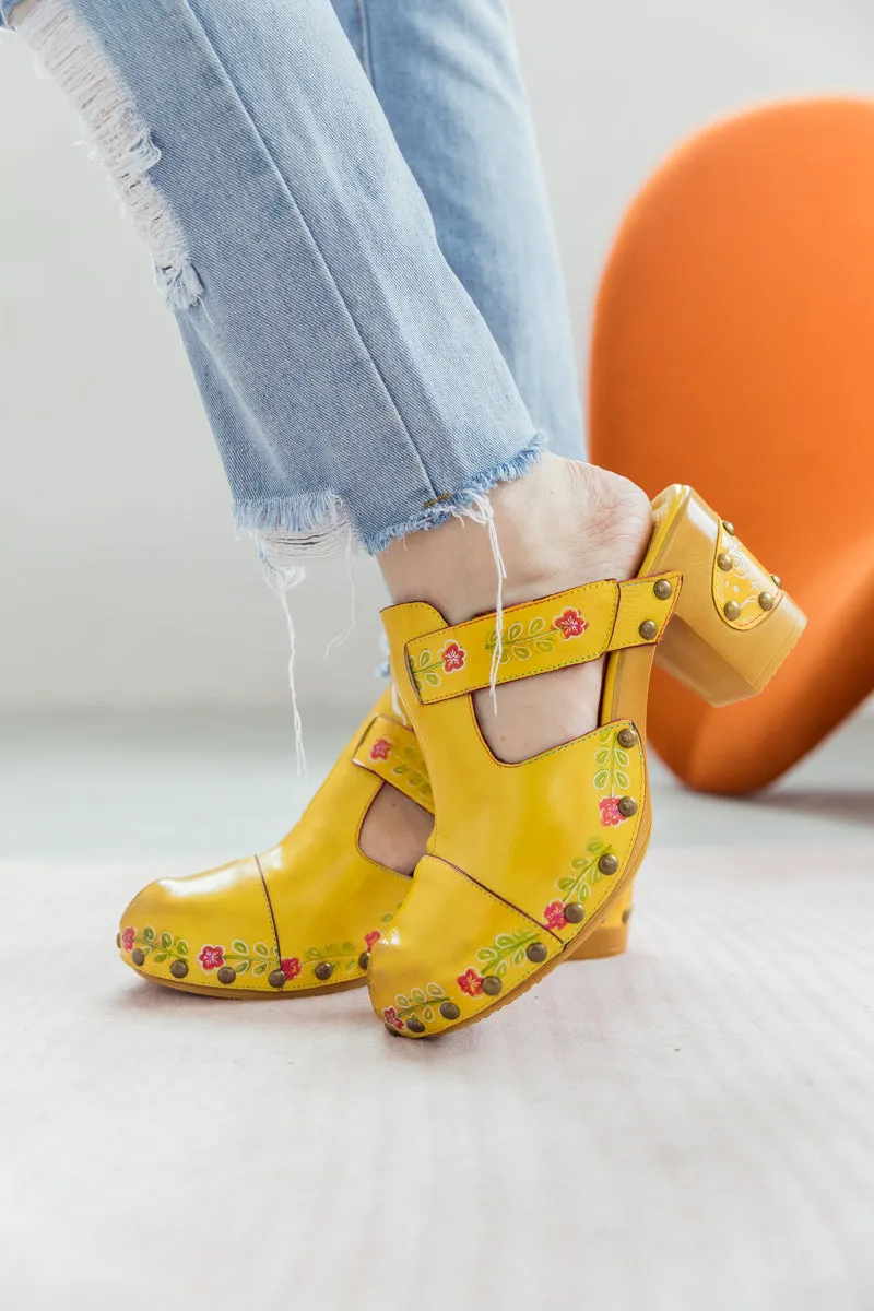 Floral Embossed Yellow Genuine Leather Clog