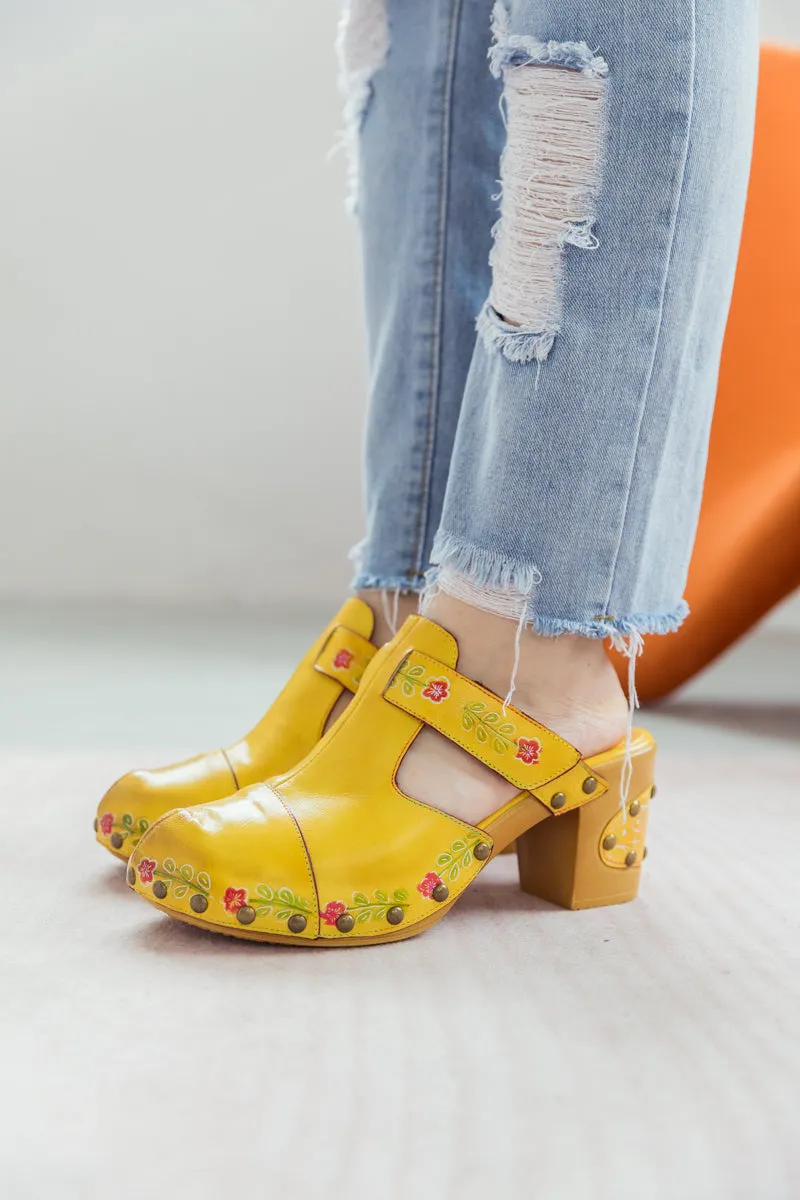 Floral Embossed Yellow Genuine Leather Clog