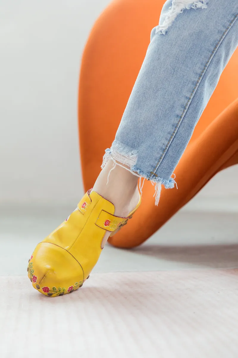 Floral Embossed Yellow Genuine Leather Clog