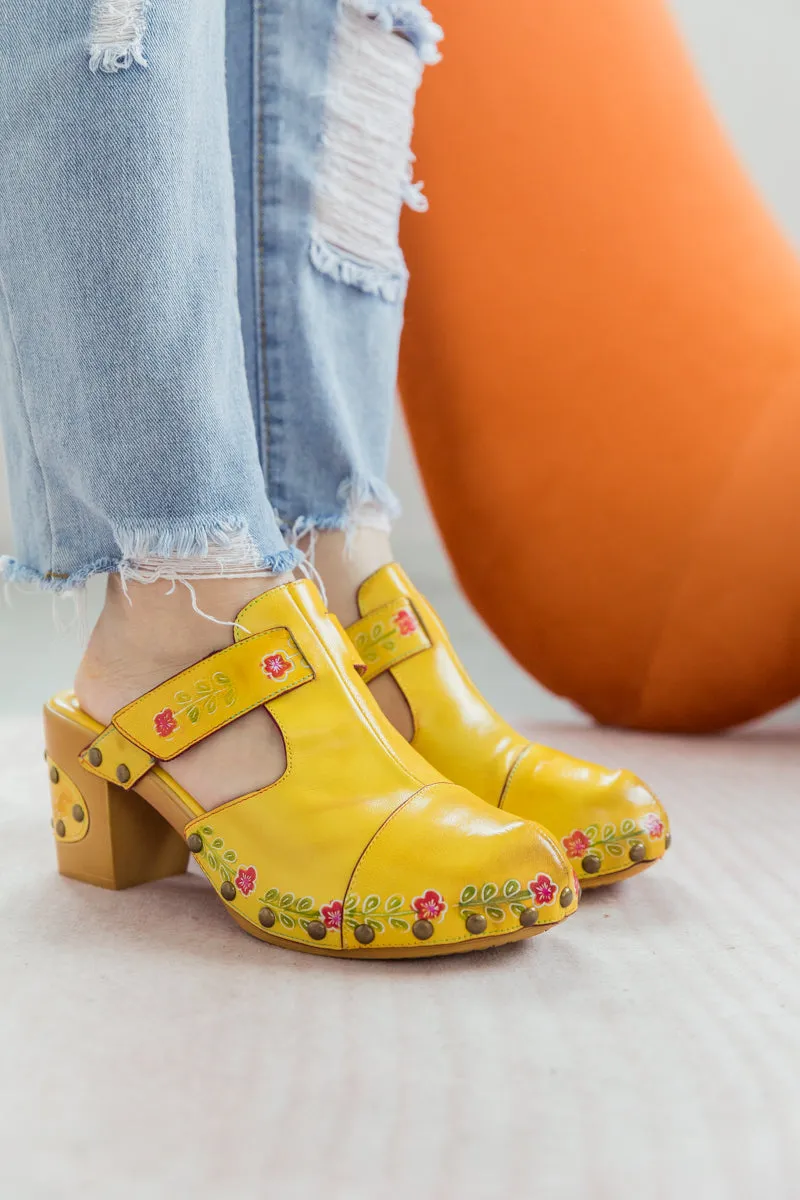 Floral Embossed Yellow Genuine Leather Clog