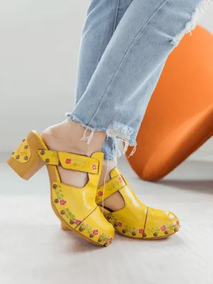Floral Embossed Yellow Genuine Leather Clog