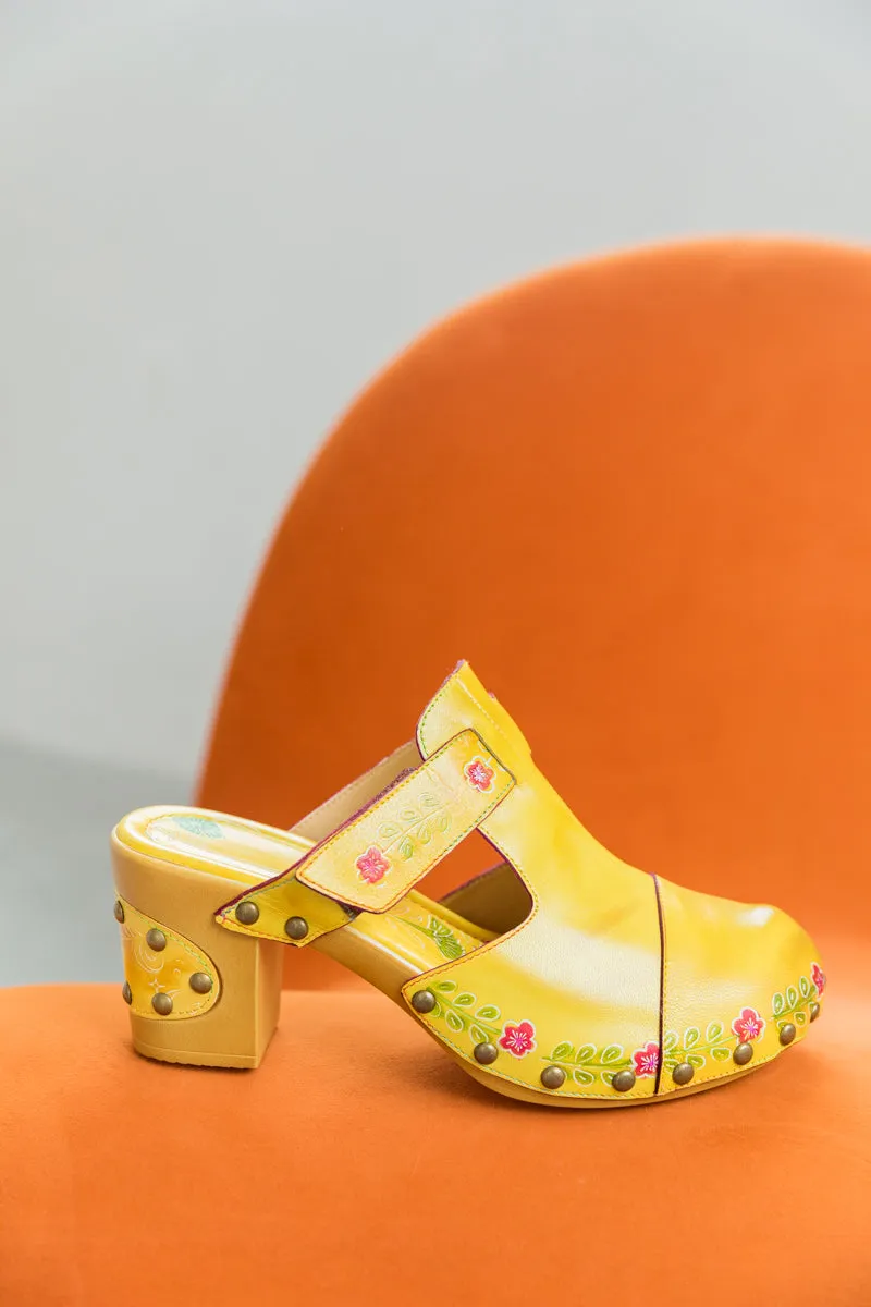 Floral Embossed Yellow Genuine Leather Clog