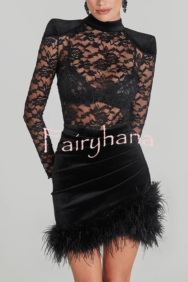 Freya Floral Lace Velvet Patchwork Feather Trim Ruched Stretch Mini Dress