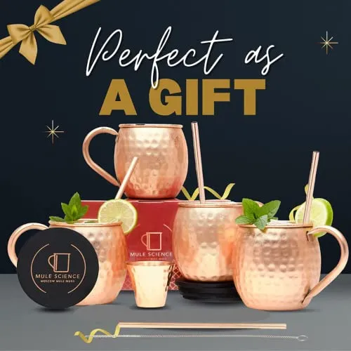 [Gift Set] Mule Science Moscow Mule Mugs Set of 4 | 100% Handcrafted | Food Safe | Copper Mugs with Bonus Accessories | Tarnish Resistant Copper Cups | 16 oz.