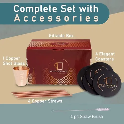 [Gift Set] Mule Science Moscow Mule Mugs Set of 4 | 100% Handcrafted | Food Safe | Copper Mugs with Bonus Accessories | Tarnish Resistant Copper Cups | 16 oz.