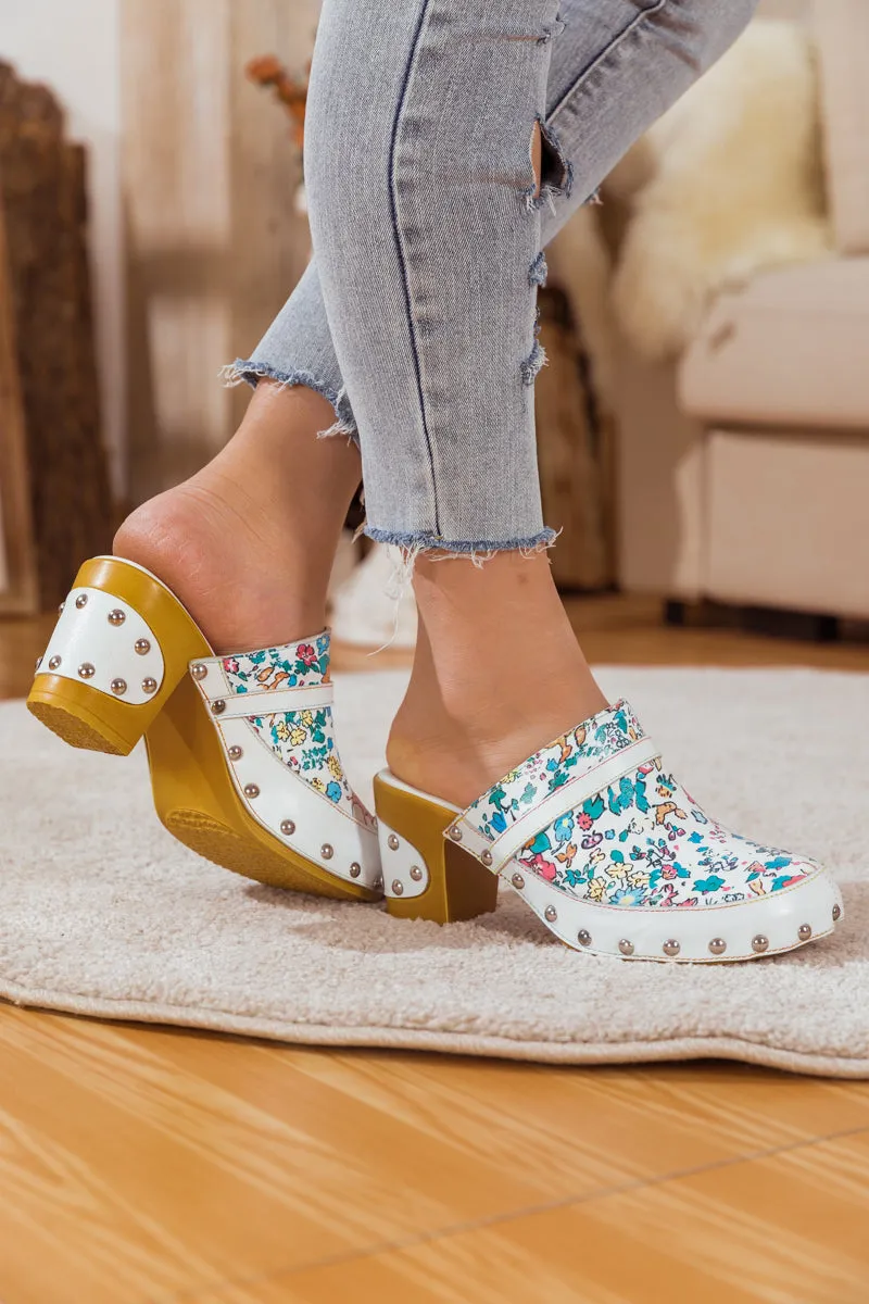 Graffiti Floral Patterned Leather Clog White