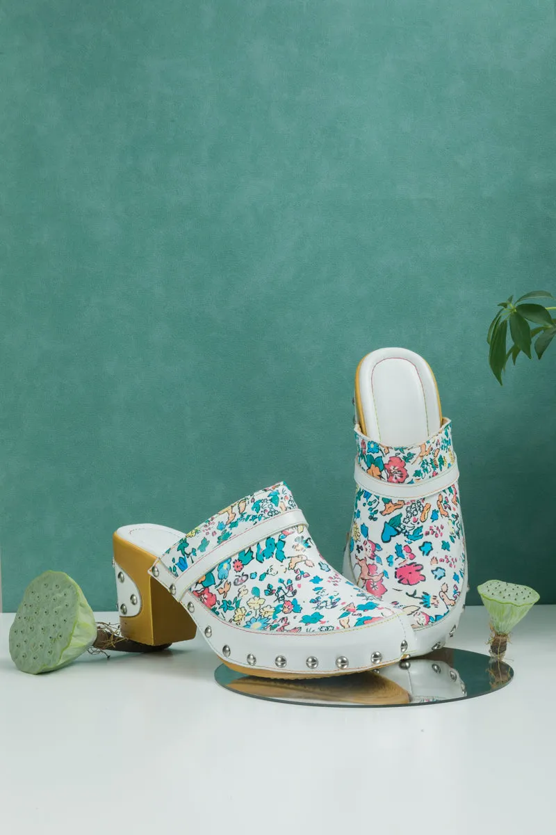 Graffiti Floral Patterned Leather Clog White