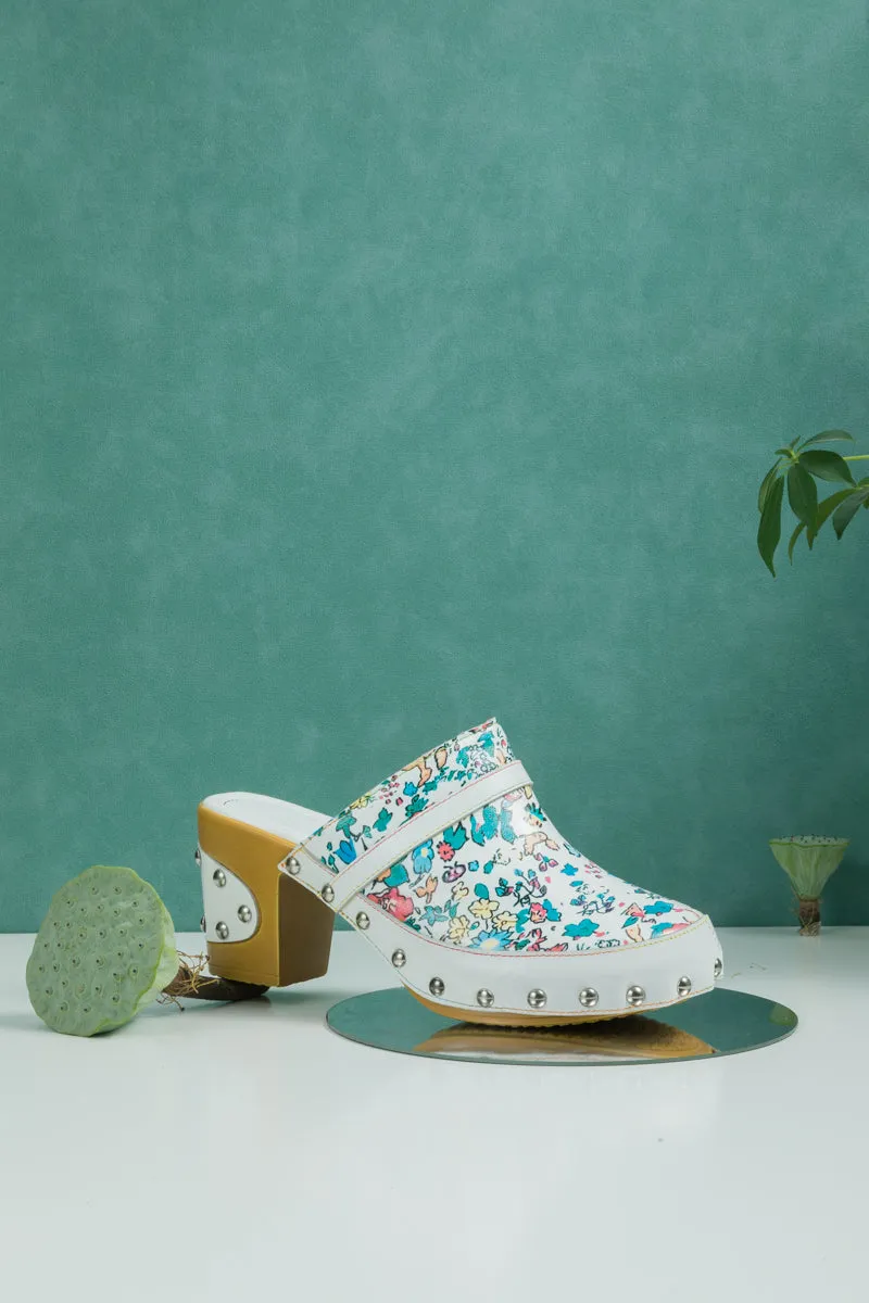 Graffiti Floral Patterned Leather Clog White