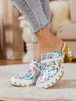 Graffiti Floral Patterned Leather Clog White