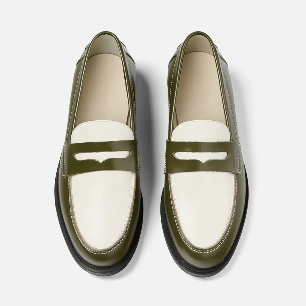 Italian Olive Leather And White Leather Penny Loafer - Loafers