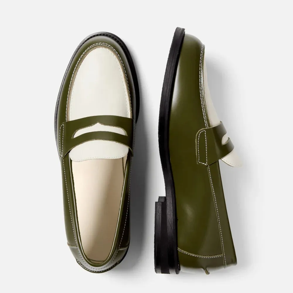 Italian Olive Leather And White Leather Penny Loafer - Loafers
