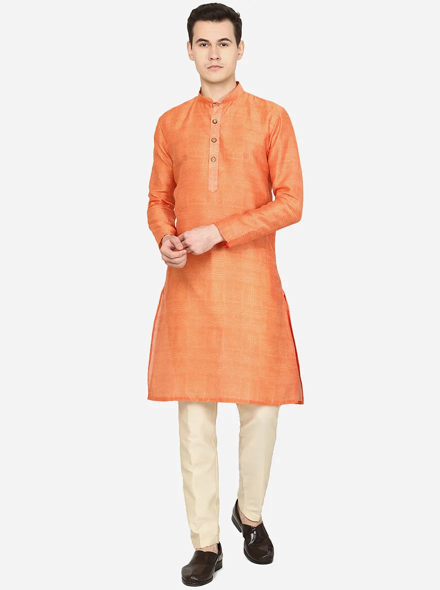 Metallic Orange Printed Silk Blend Kurta | The Kurta Company