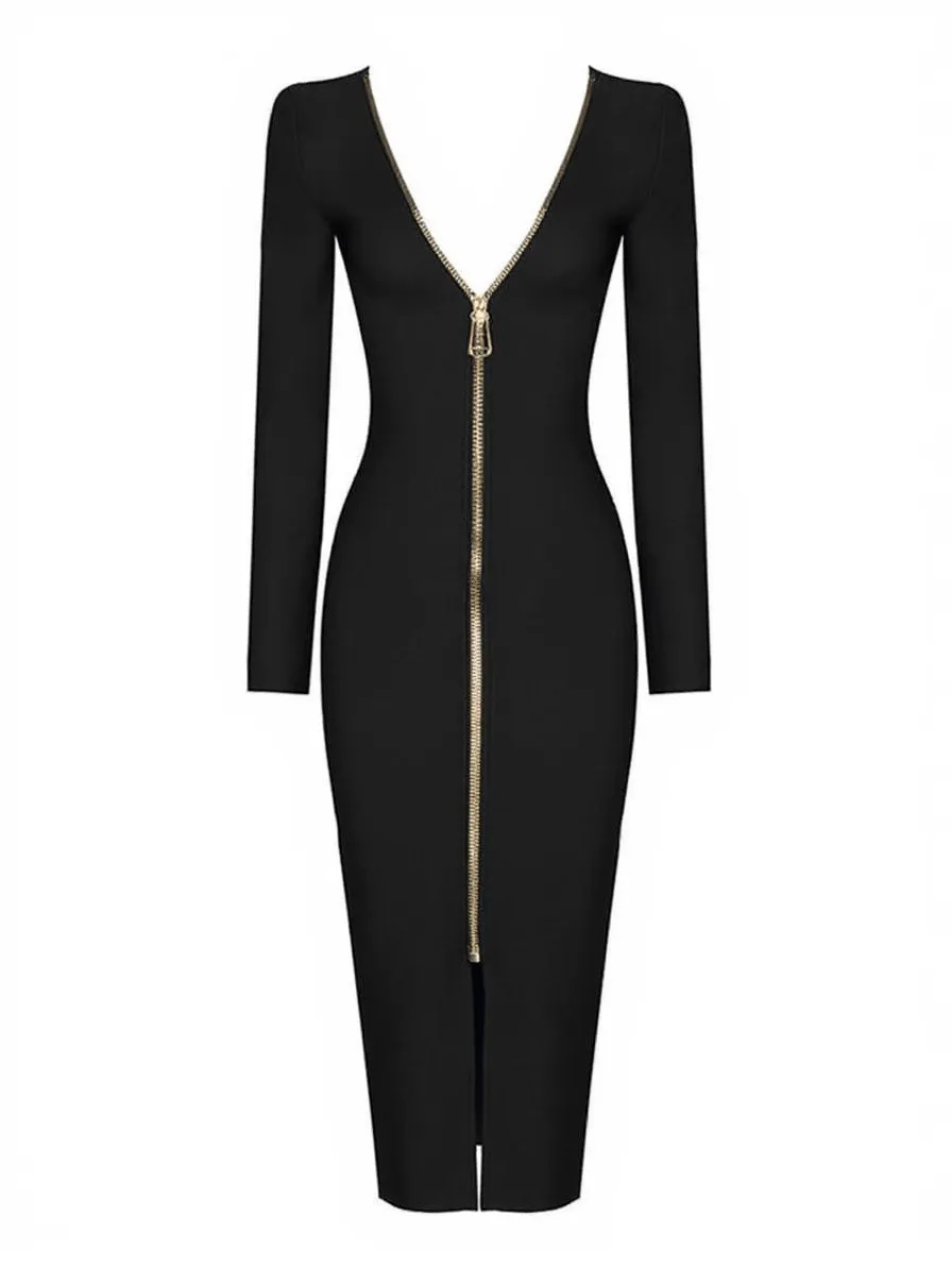 Nina Plunge Reversible Bandage Midi Dress In Black
