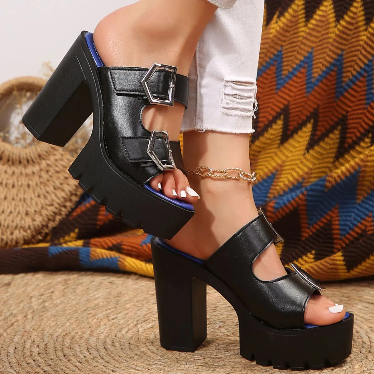 Open Toe Double Buckle Platform Block Heel Sandals