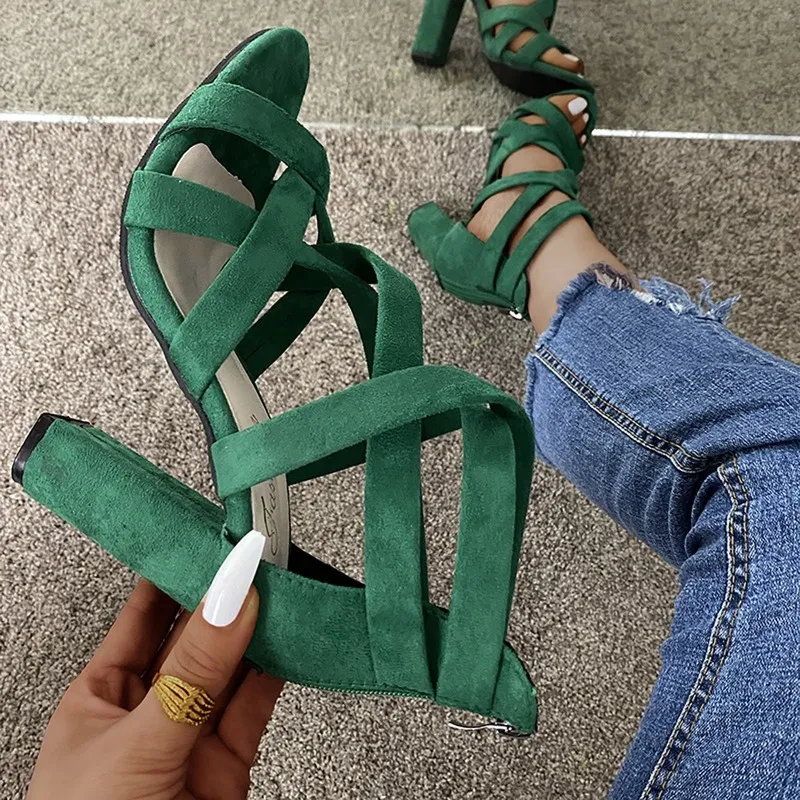 Open Toe High Heels Low Block Heel Shoes Gladiator Zipper Thick With Sandals Wedges Mules Shoes