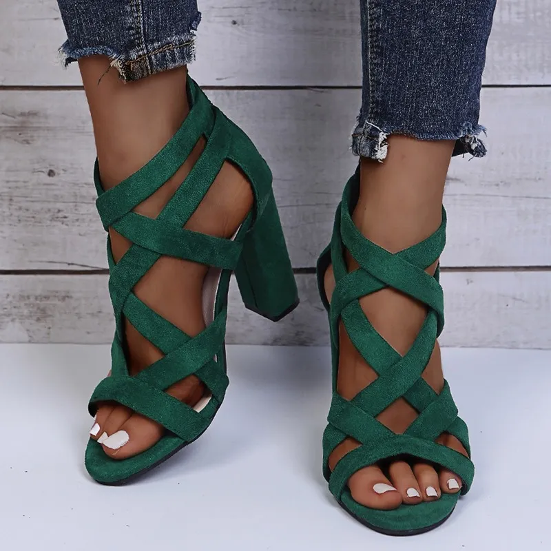 Open Toe High Heels Low Block Heel Shoes Gladiator Zipper Thick With Sandals Wedges Mules Shoes