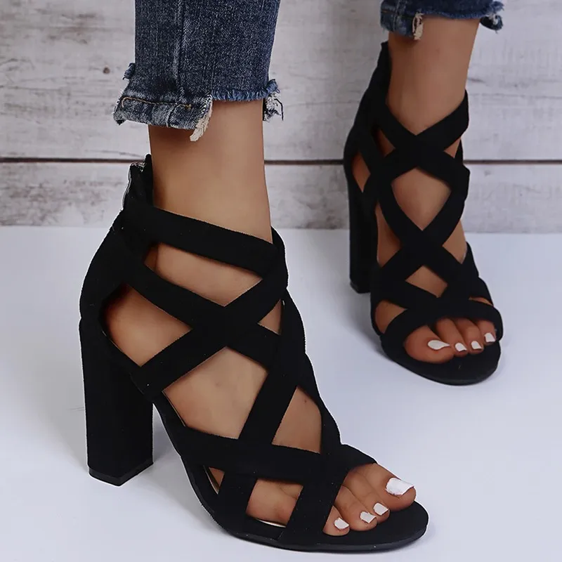 Open Toe High Heels Low Block Heel Shoes Gladiator Zipper Thick With Sandals Wedges Mules Shoes