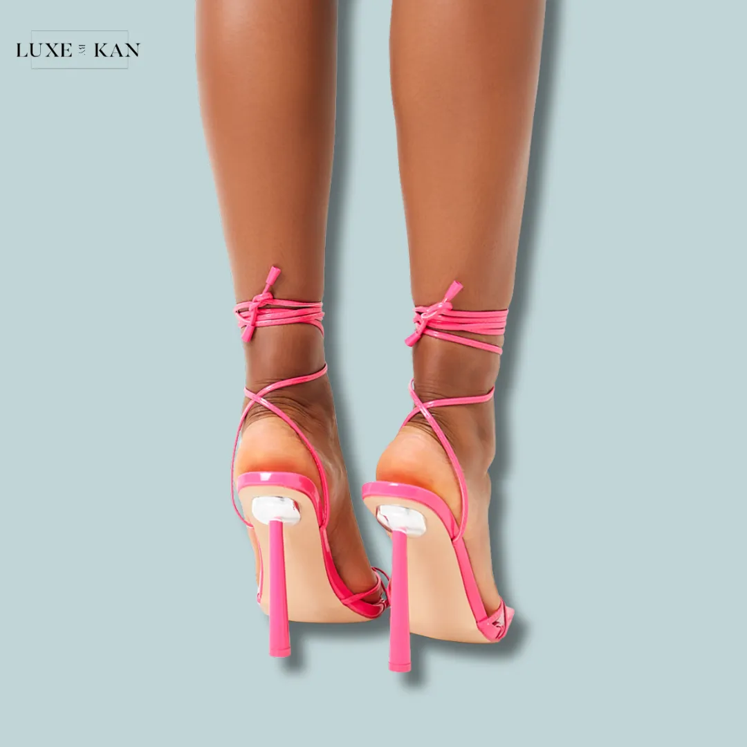 PUBLIC DESIRE CI CI HOT PINK PATENT SQUARE TOE LACE UP STILETTO HEELS