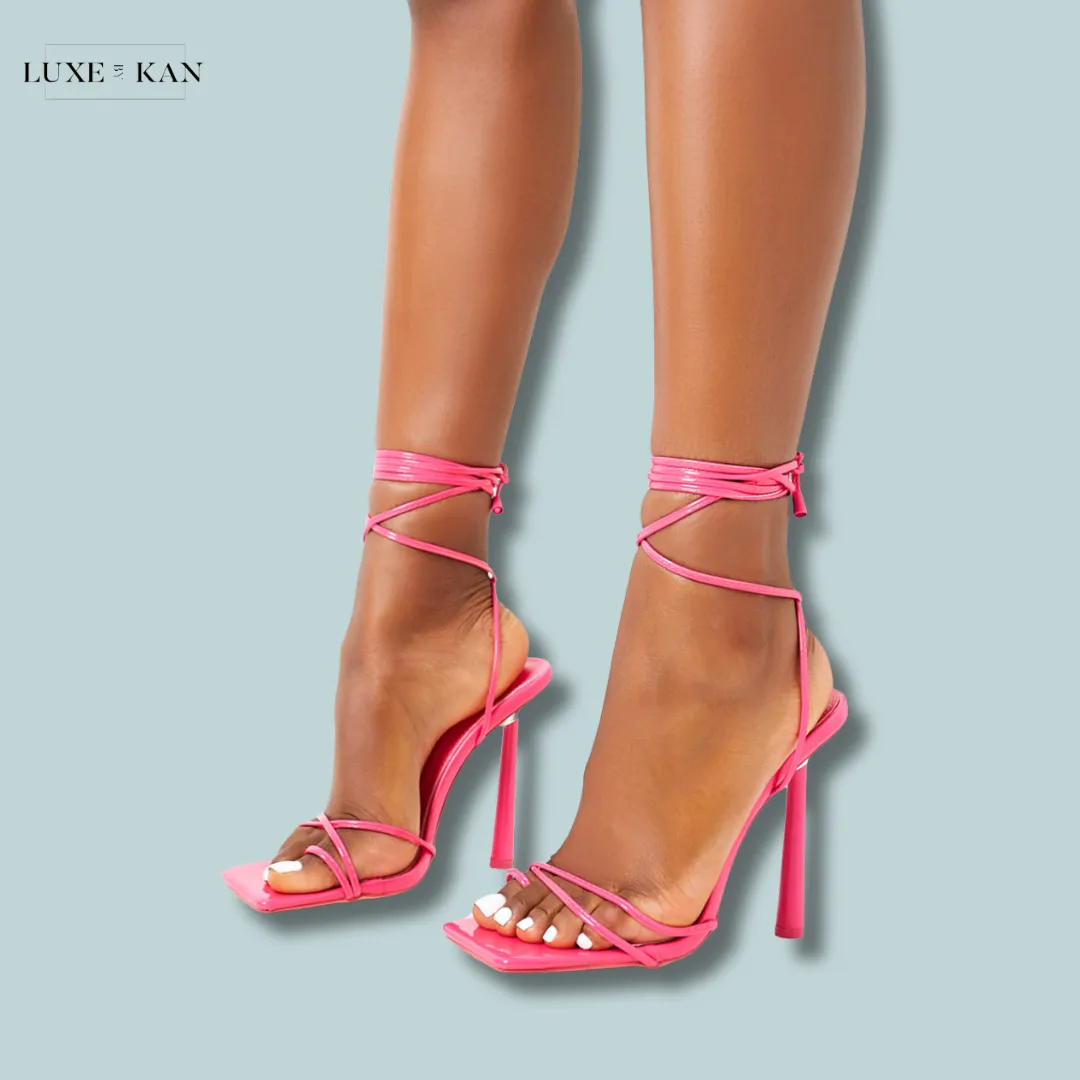PUBLIC DESIRE CI CI HOT PINK PATENT SQUARE TOE LACE UP STILETTO HEELS