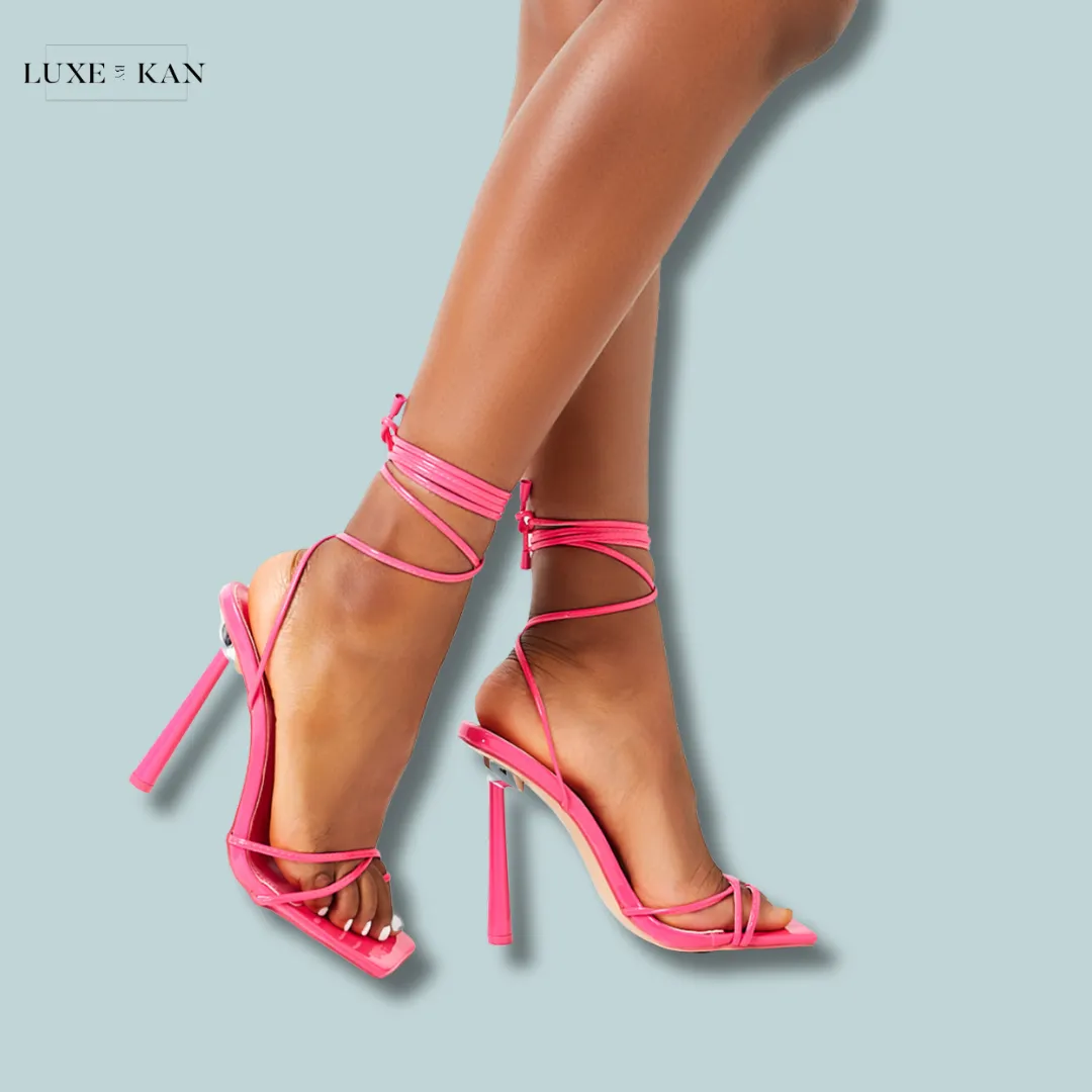 PUBLIC DESIRE CI CI HOT PINK PATENT SQUARE TOE LACE UP STILETTO HEELS