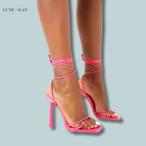 PUBLIC DESIRE CI CI HOT PINK PATENT SQUARE TOE LACE UP STILETTO HEELS