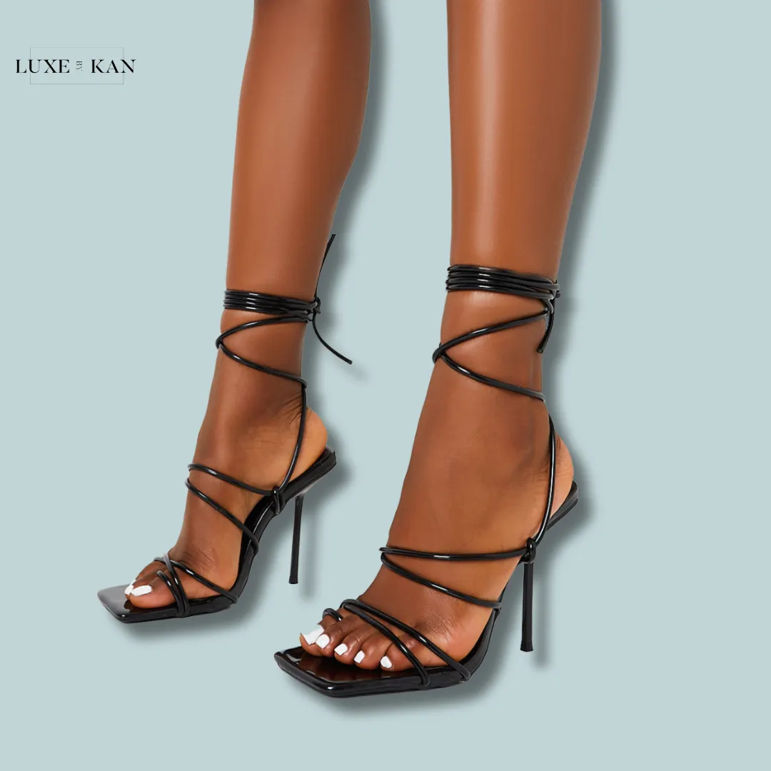 PUBLIC DESIRE HOLLY BLACK PATENT STRAPPY TIE UP SQUARE TOE STILETTO HEELS
