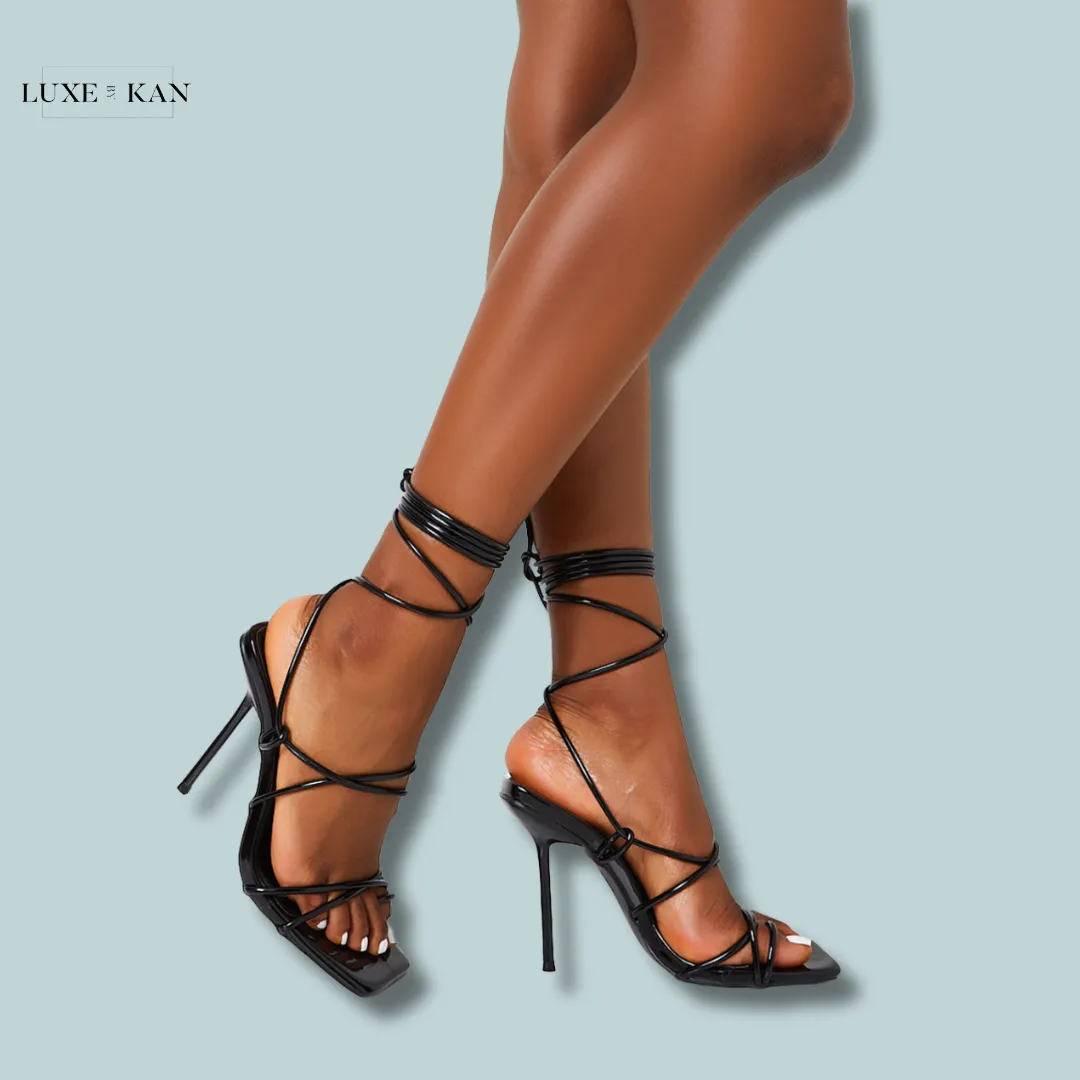 PUBLIC DESIRE HOLLY BLACK PATENT STRAPPY TIE UP SQUARE TOE STILETTO HEELS