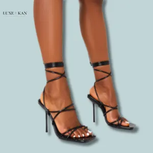 PUBLIC DESIRE HOLLY BLACK PATENT STRAPPY TIE UP SQUARE TOE STILETTO HEELS