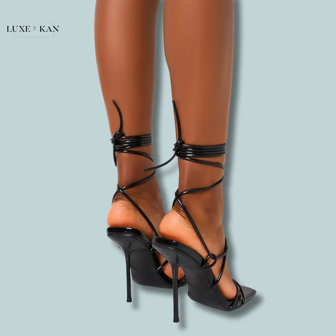 PUBLIC DESIRE HOLLY BLACK PATENT STRAPPY TIE UP SQUARE TOE STILETTO HEELS