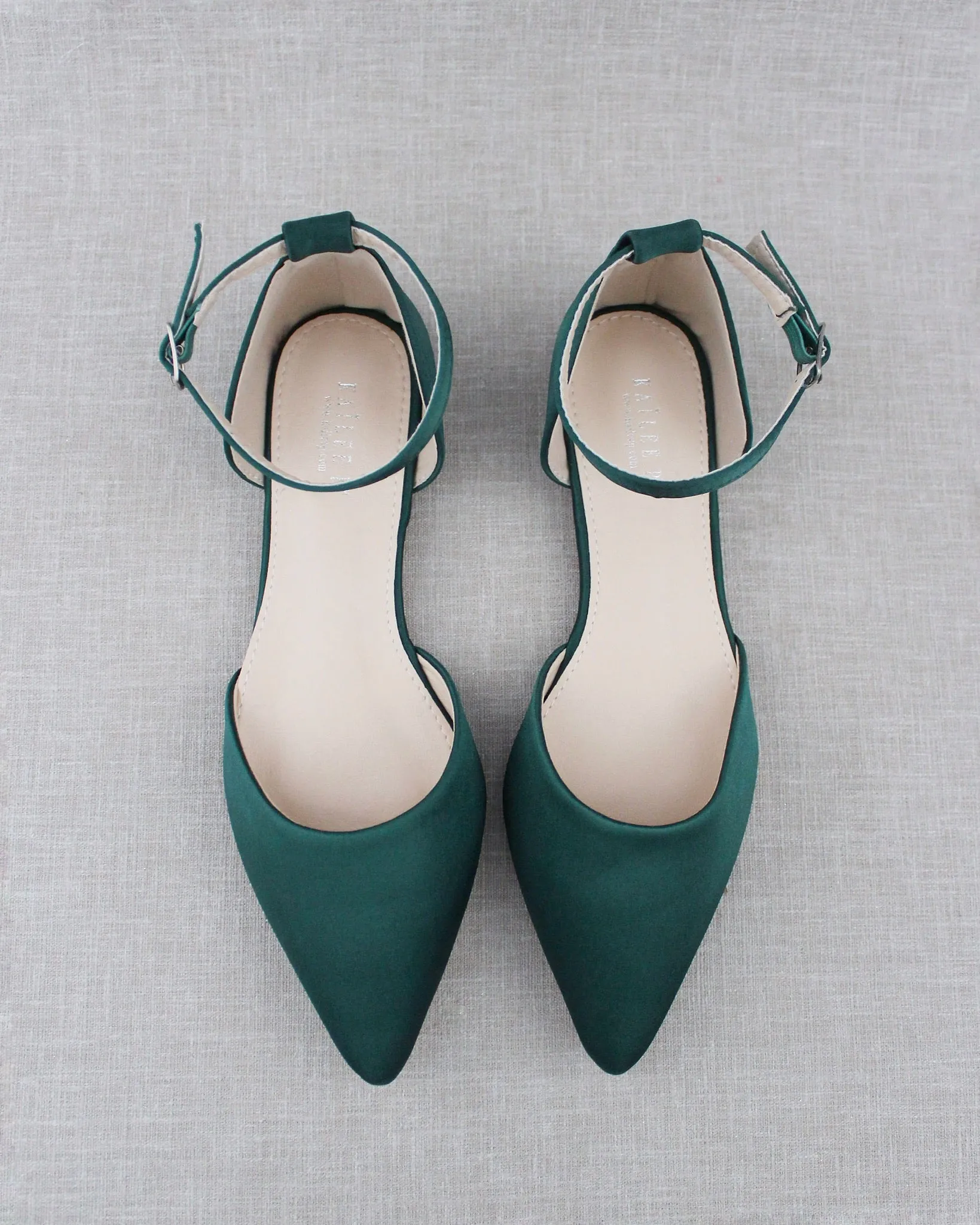 Satin Pointy Toe Flats with Ankle Strap