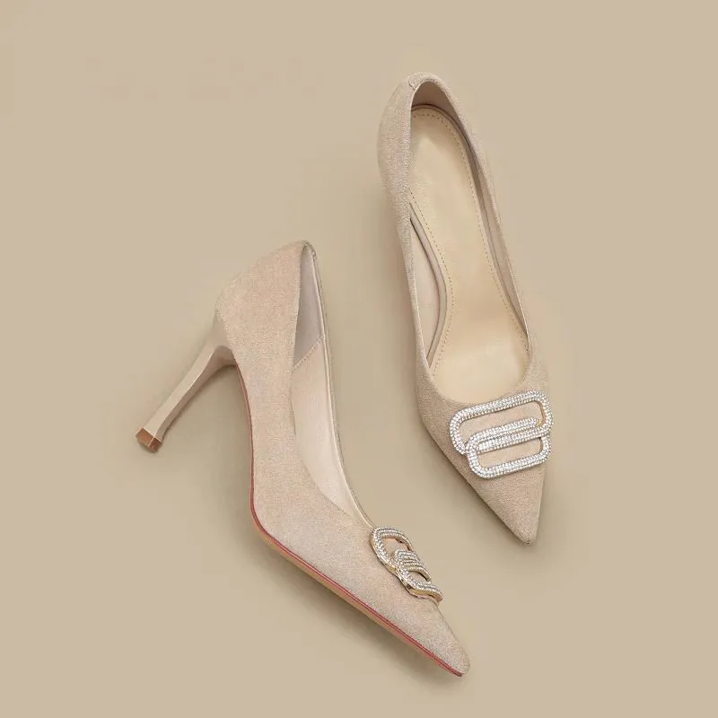 Soft Leather High Heels Female Career Stilettos Sense Rhinestone Shoes