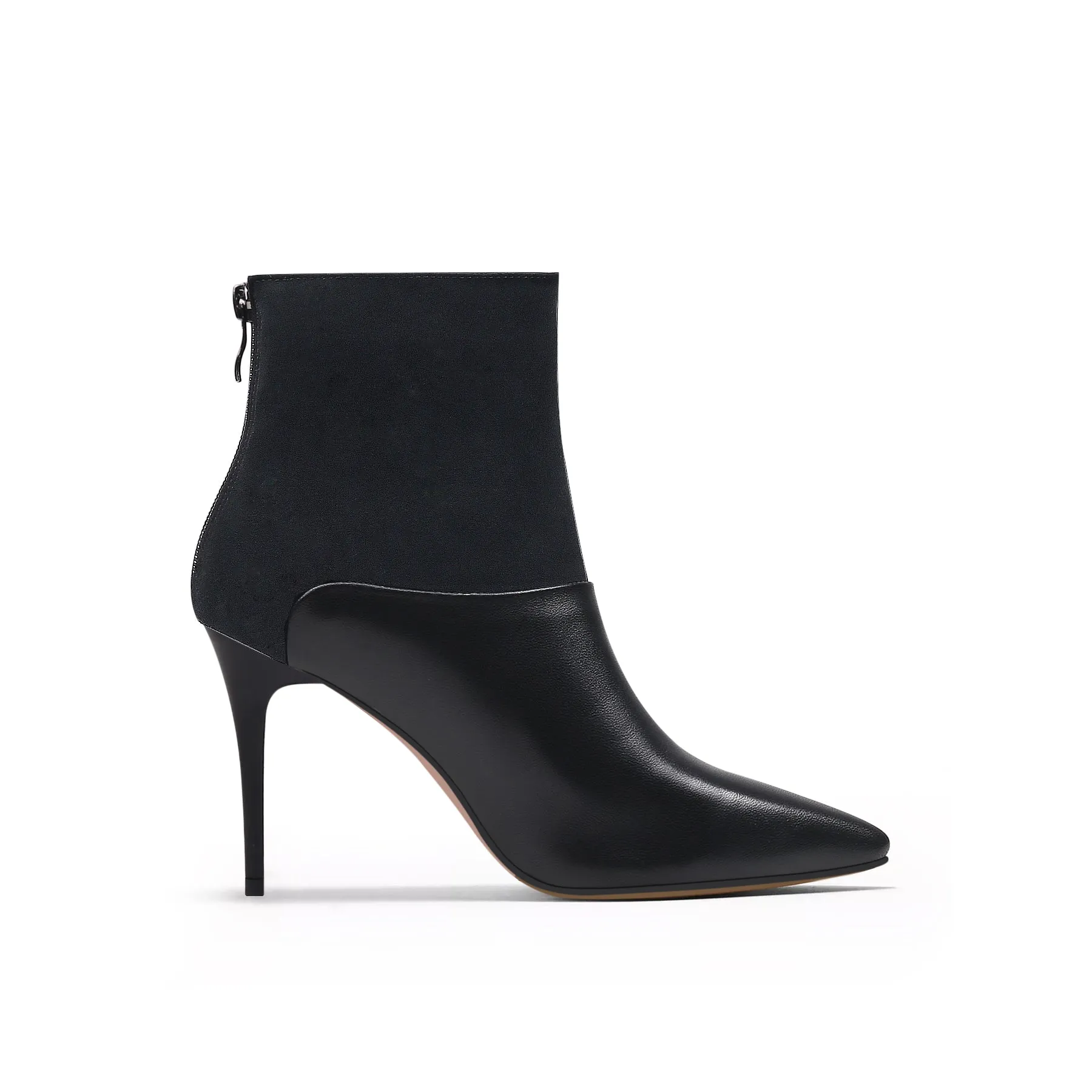 Suede Shaft Leather Stiletto Bootie - Black